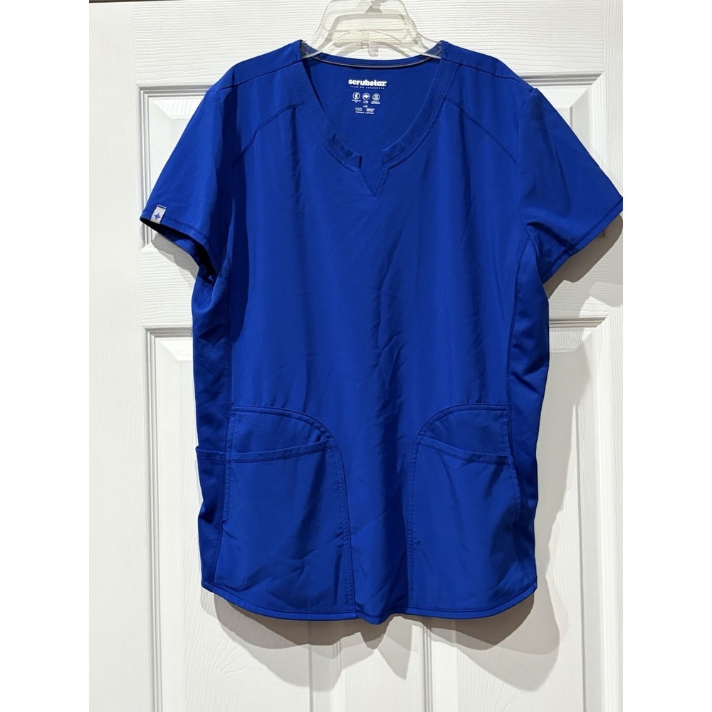 Scrubstar Top Women Size Large Blue Short Sleeve V-Neck Pullover Stretch Pockets